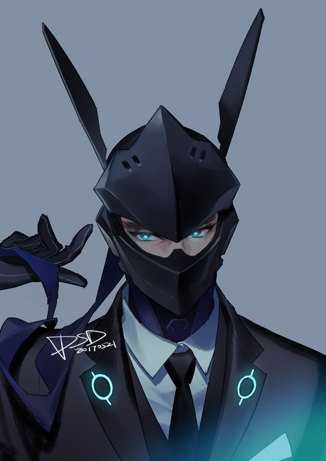 1boy animal_ears black_gloves black_jacket black_necktie blue_ribbon collared_shirt covered_mouth cyborg dress_shirt formal furrowed_eyebrows genji_(overwatch) gloves glowing glowing_eyes green_eyes grey_background hand_up helmet holding_ribbon jacket long_sleeves male_focus necktie neon_trim overwatch psd rabbit_ears ribbon shirt simple_background suit white_shirt wing_collar