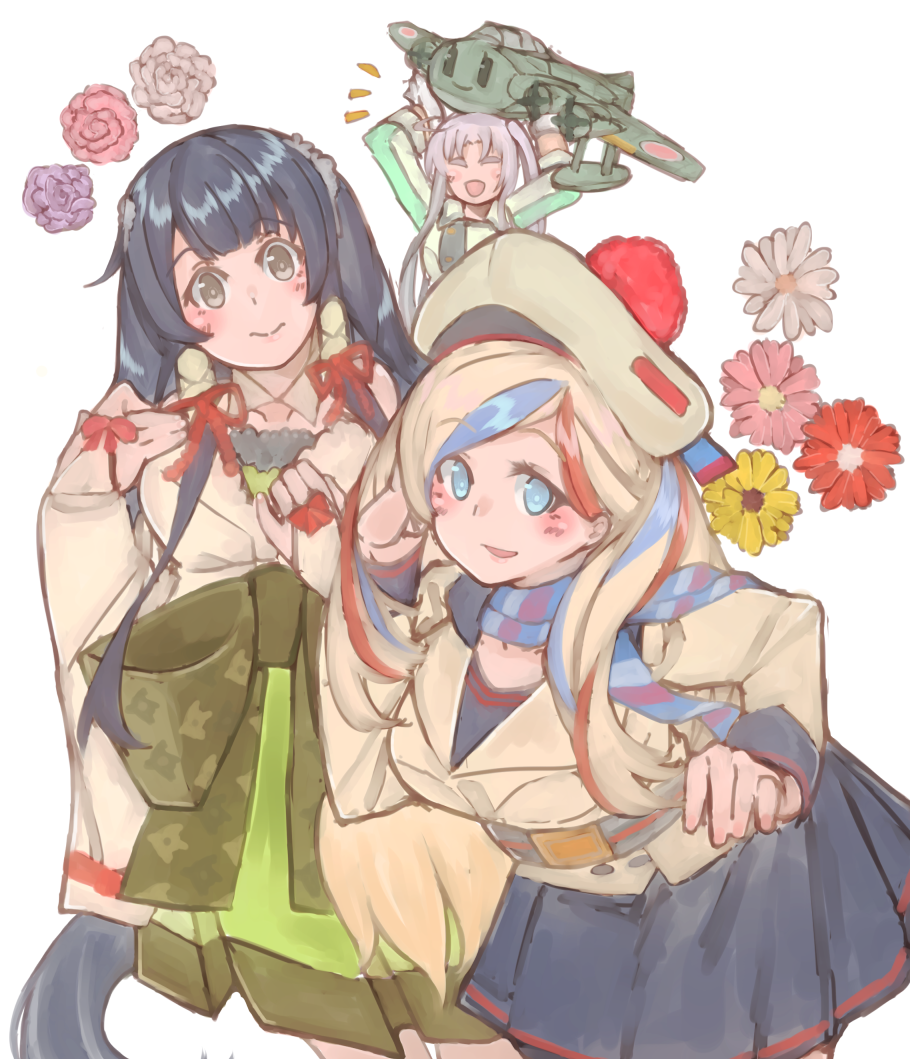 10s 3girls aircraft airplane akitsushima_(kantai_collection) arms_up az_toride beret black_hair blonde_hair blue_eyes blue_hair blue_skirt closed_eyes commandant_teste_(kantai_collection) double-breasted dress flower flying_boat green_dress grey_eyes hair_ribbon hair_tubes hat kantai_collection leaning_forward long_hair looking_at_viewer low-tied_long_hair mizuho_(kantai_collection) multicolored multicolored_clothes multicolored_hair multicolored_scarf multiple_girls pom_pom_(clothes) purple_hair redhead ribbon scarf side_ponytail sidelocks skirt streaked_hair very_long_hair white_background white_hair