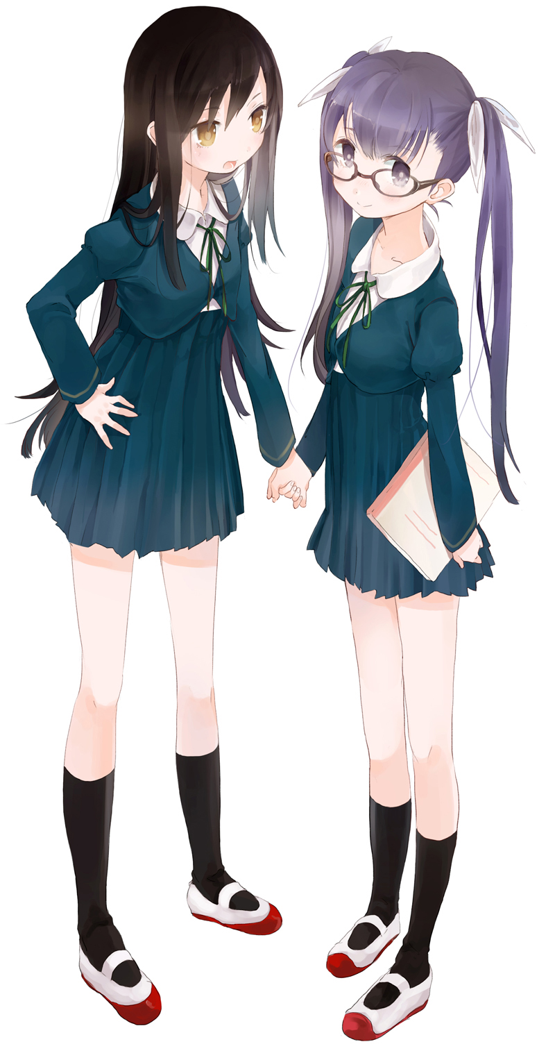 2girls bangs black_hair closed_mouth couple eyebrows_visible_through_hair fly_333 full_body glasses hair_between_eyes hair_ornament hair_ribbon hand_holding highres holding long_hair long_twintails looking_at_viewer multiple_girls notebook open_mouth original purple_hair ribbon school_uniform simple_background smile standing twintails violet_eyes white_background yellow_eyes yuri