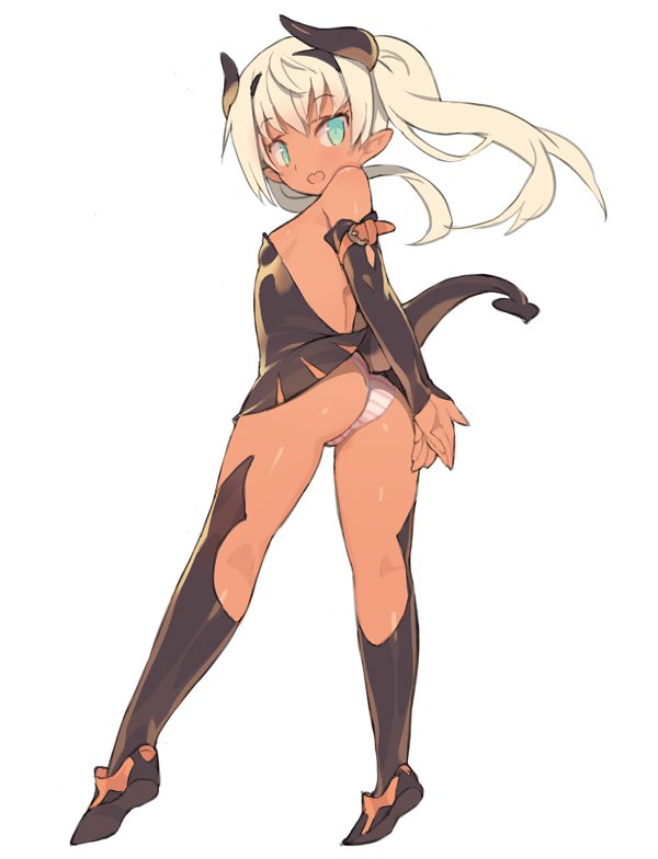 1girl :d arms_behind_back ass bare_shoulders black_dress black_legwear blade_(galaxist) blonde_hair boots breasts detached_sleeves dress from_behind full_body green_eyes hands_together heart heart_tail horns looking_back open_mouth original own_hands_together panties pointy_ears short_dress sideboob simple_background small_breasts smile solo striped striped_panties tail twintails underwear white_background