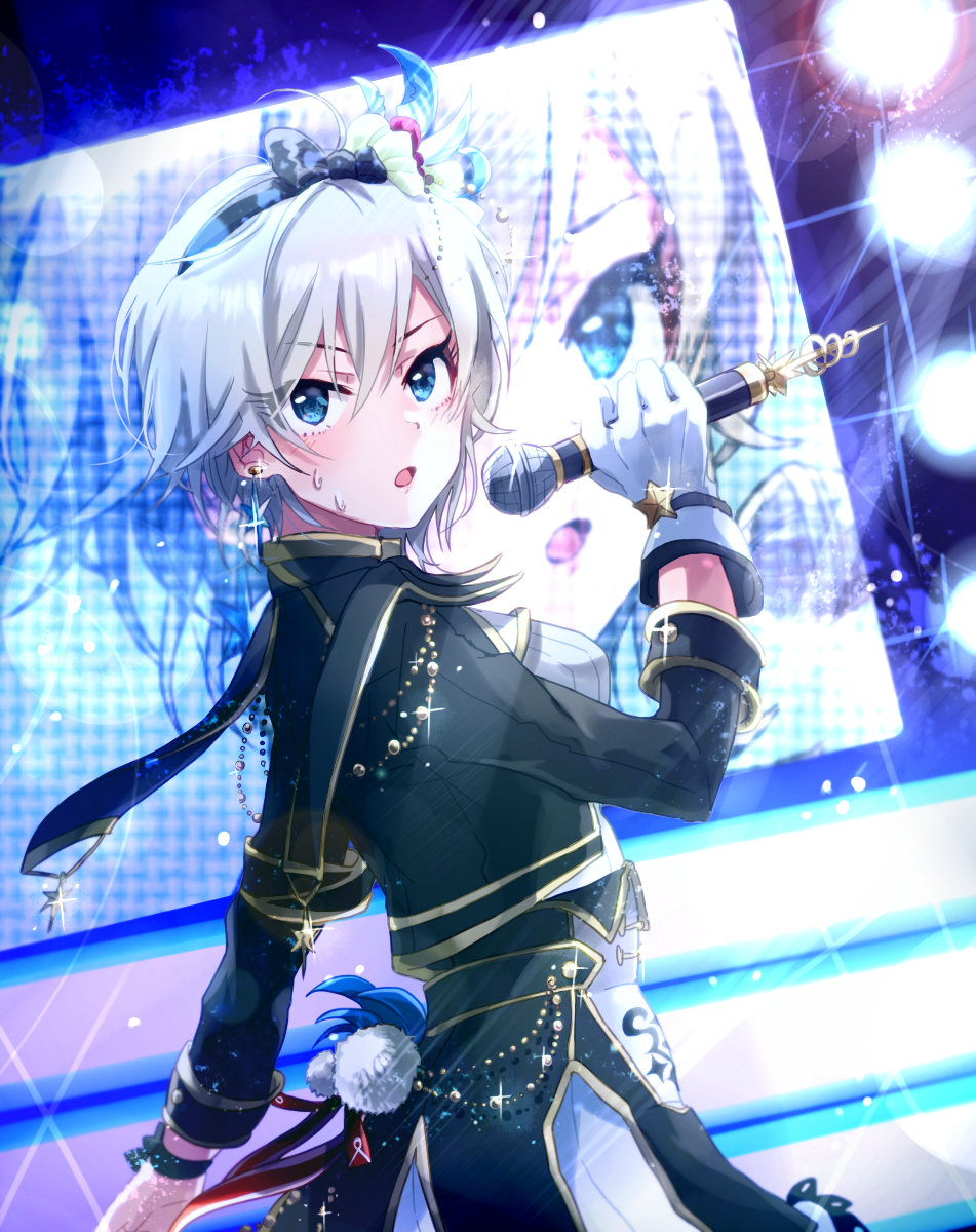 1girl anaroguya anastasia_(idolmaster) blue_eyes gloves hairband highres idolmaster idolmaster_cinderella_girls lights microphone silver_hair solo sweat