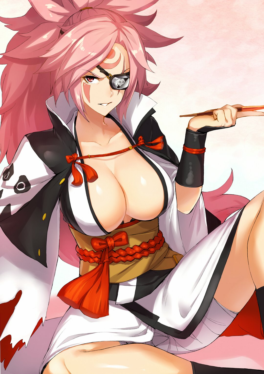 1girl baiken breasts cleavage eye_scar eyepatch facial_tattoo guilty_gear guilty_gear_xrd highres large_breasts long_hair looking_at_viewer open_clothes open_robe parted_lips pink_hair pipe ponytail purinnssu red_eyes robe sitting solo tattoo