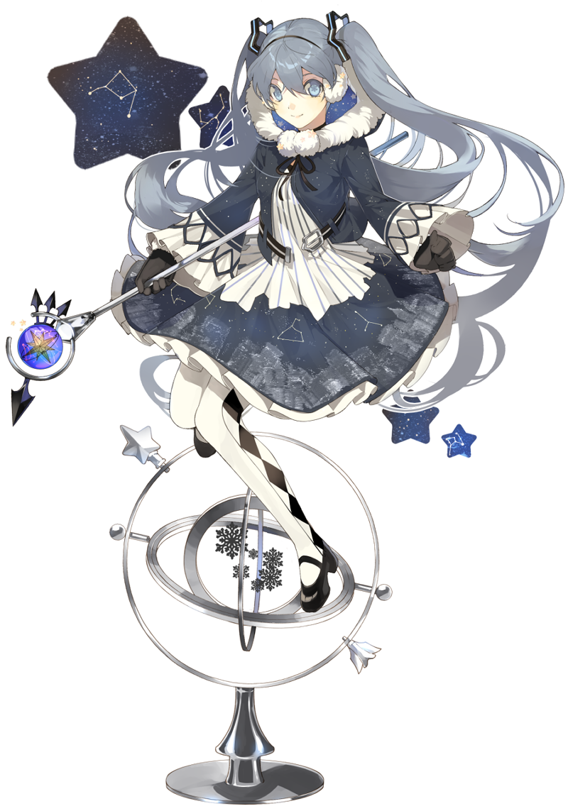 1girl argyle argyle_legwear bangs black_gloves blue_eyes cats_brain closed_mouth earmuffs fur_trim gloves grey_hair hair_between_eyes hatsune_miku holding holding_staff long_hair long_sleeves looking_at_viewer mary_janes pantyhose shoes smile solo space_print staff star starry_sky_print twintails very_long_hair vocaloid white_legwear