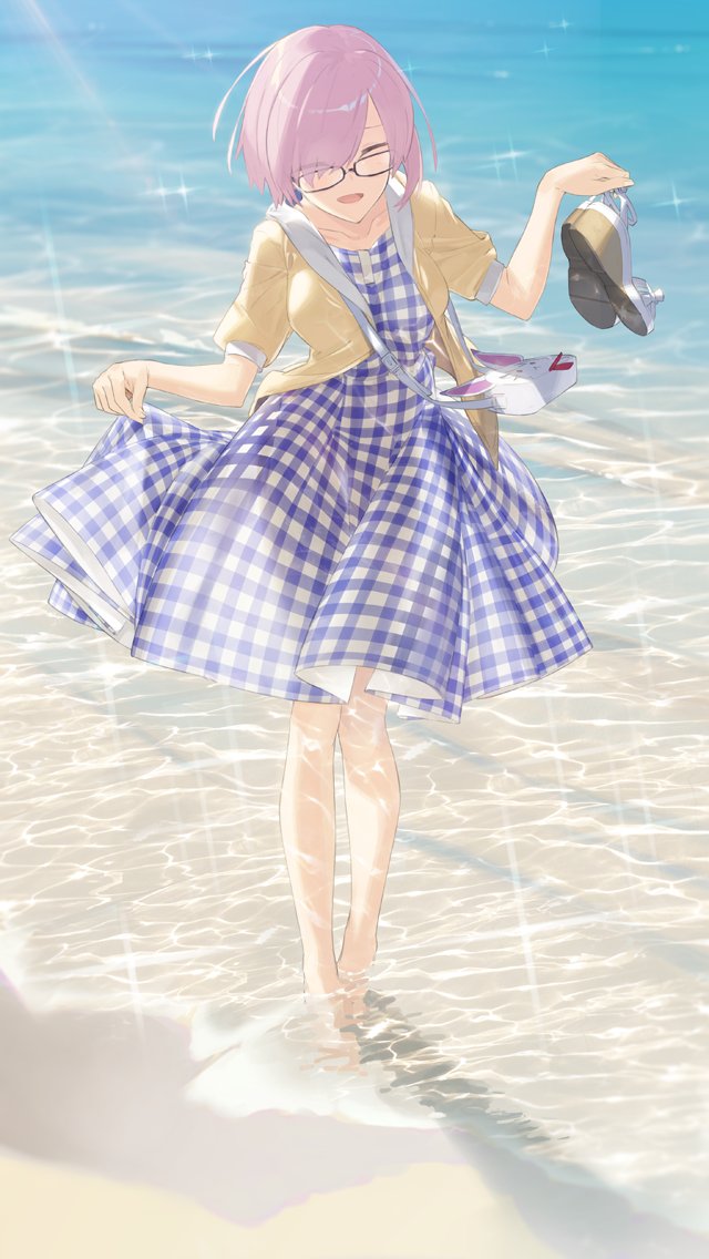 1girl :d ^_^ ^o^ bag bangs bare_legs barefoot beach black-framed_eyewear brown_jacket casual checkered checkered_dress closed_eyes collarbone day dress dress_lift eyes_visible_through_hair facing_viewer fate/grand_order fate_(series) full_body glasses hair_over_one_eye handbag hayashi_kewi holding holding_shoes jacket lifted_by_self ocean open_clothes open_jacket open_mouth outdoors over_shoulder pink_hair plaid plaid_dress sandals shielder_(fate/grand_order) shoes shoes_removed short_hair short_sleeves shoulder_bag smile solo sparkle swept_bangs wading walking water white_shoes