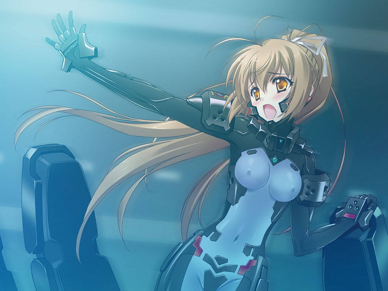 1girl blush bodysuit breasts breasts_apart brown_hair carnelian covered_navel erect_nipples game_cg hair_ribbon high_ponytail katia_waldheim long_hair medium_breasts official_art open_mouth orange_eyes outstretched_arm ribbon schwarzesmarken solo standing very_long_hair white_ribbon