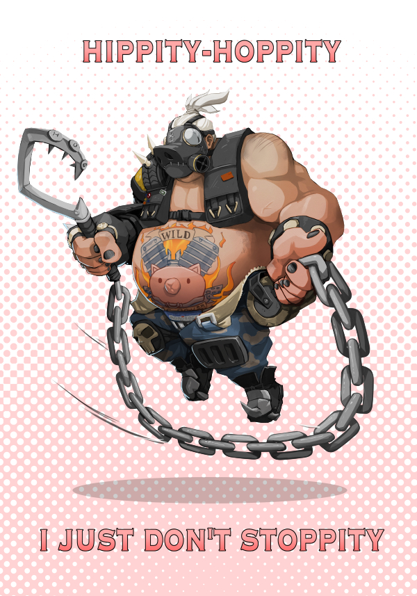 1boy bandolier black_nails camouflage camouflage_pants chains chibi english fat fat_man fingerless_gloves gas_mask gloves grey_hair hook jumprope knee_pads muscle nail_polish navel overwatch pants poem roadhog_(overwatch) shirtless single_pauldron solo spikes studded_bracelet tattoo weapon whistle_frog