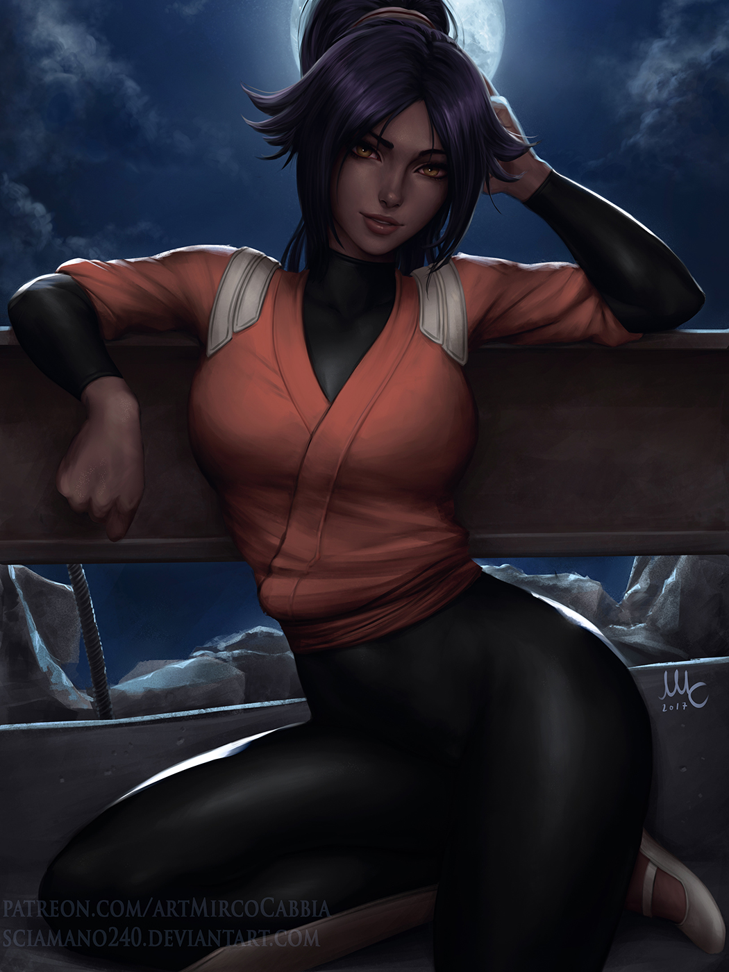 1girl bleach bodysuit_under_clothes brown_eyes dark-skinned_female dark_skin female highres looking_at_viewer mirco_cabbia moon night night_sky parted_lips ponytail purple_hair shihouin_yoruichi sitting sky smile solo