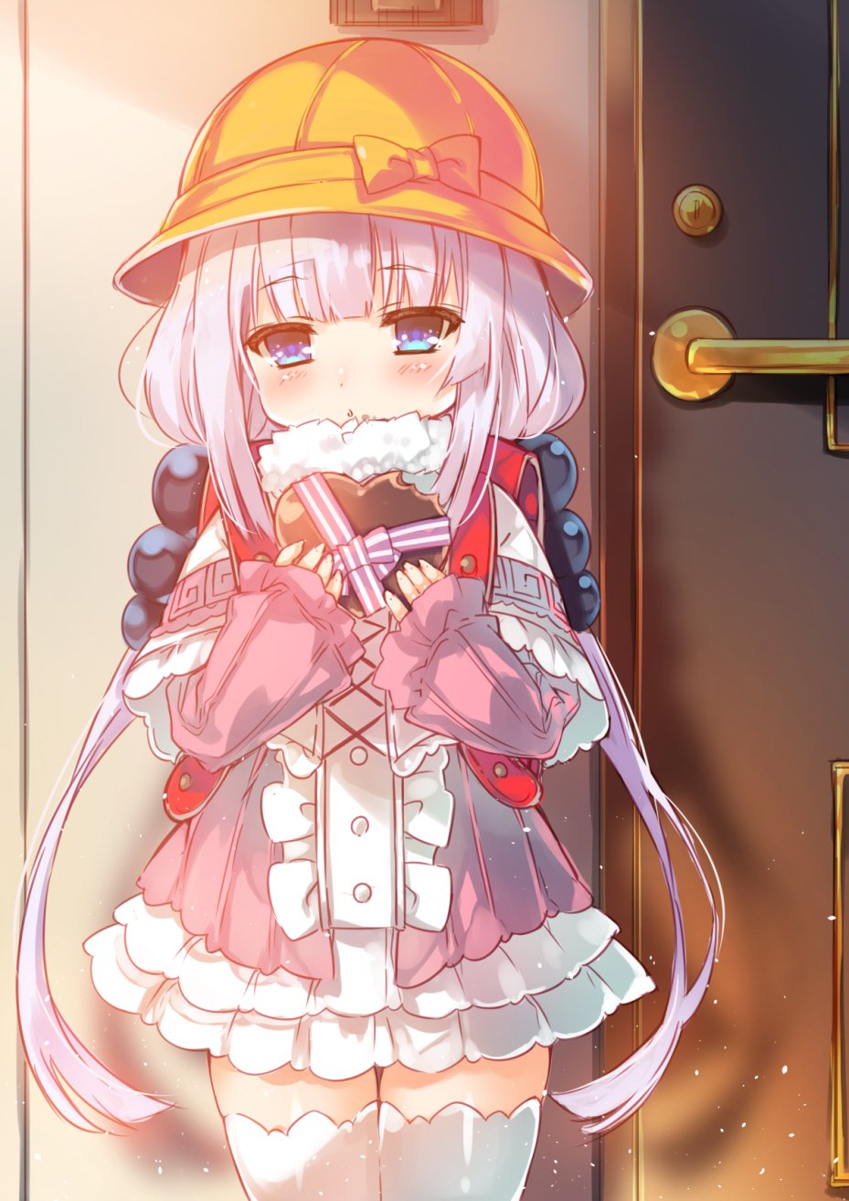 1girl backpack bag bangs beads blue_eyes blunt_bangs capelet center_frills chocolate chocolate_heart eyebrows_visible_through_hair hair_beads hair_ornament hat heart highres holding kanna_kamui kobayashi-san_chi_no_maidragon lavender_hair long_hair low_twintails mayuzaki_yuu school_hat solo standing thigh-highs twintails valentine white_legwear