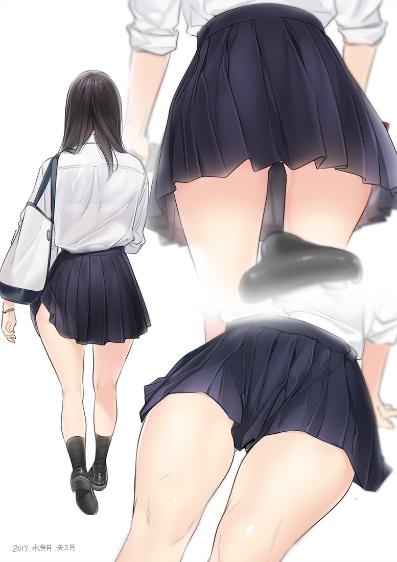 1girl ama_mitsuki artist_name bag bicycle bicycle_seat black_hair blouse blue_skirt blurry bra commentary_request dated from_behind full_body ground_vehicle long_hair multiple_views original pleated_skirt school_uniform see-through simple_background skirt skirt_lift sleeves_rolled_up thighs underwear wardrobe_malfunction white_blouse white_bra