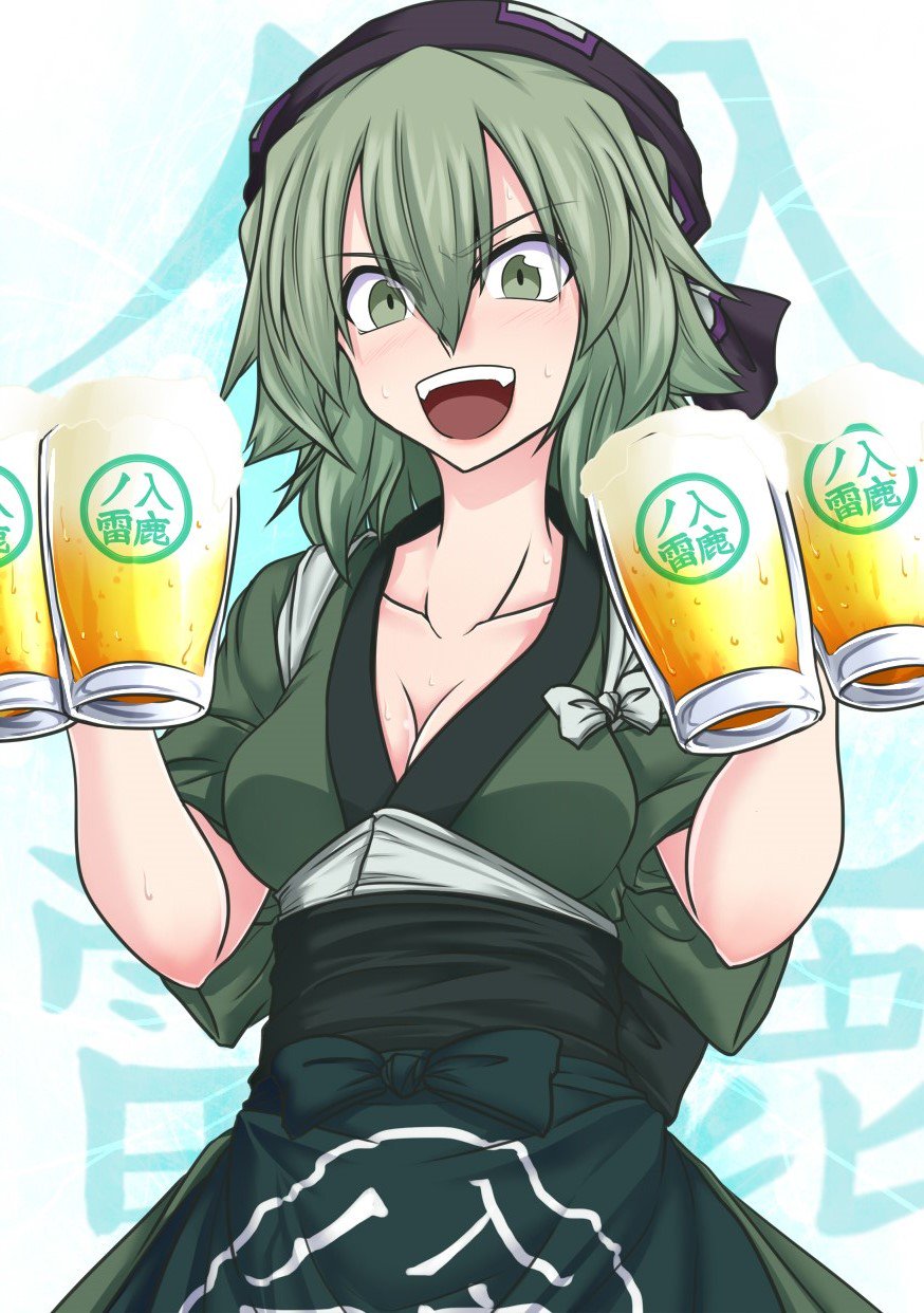 &gt;:d 1girl :d adapted_costume alcohol apron bandanna beer beer_mug benizuwai breasts cleavage clothes_writing collarbone cup drinking_glass green_eyes green_hair hair_between_eyes head_scarf highres holding holding_drinking_glass japanese_clothes kimono looking_at_viewer open_mouth sash sleeves_rolled_up smile soga_no_tojiko solo sweat tasuki touhou upper_body waist_apron