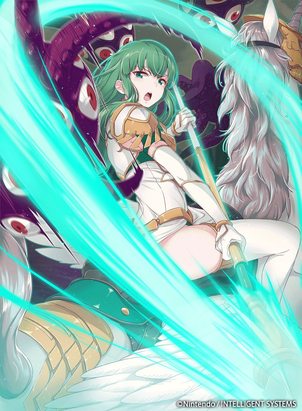 1girl 40hara armor bangs breastplate company_connection copyright_name dress elbow_gloves eyebrows_visible_through_hair fire_emblem fire_emblem_cipher fire_emblem_echoes:_mou_hitori_no_eiyuuou gloves green_eyes green_hair headband highres holding holding_weapon horn horseback_riding long_hair looking_at_viewer looking_back monster official_art open_mouth paola pauldrons pegasus pegasus_knight polearm riding short_dress shoulder_armor spear tentacle weapon white_gloves white_legwear