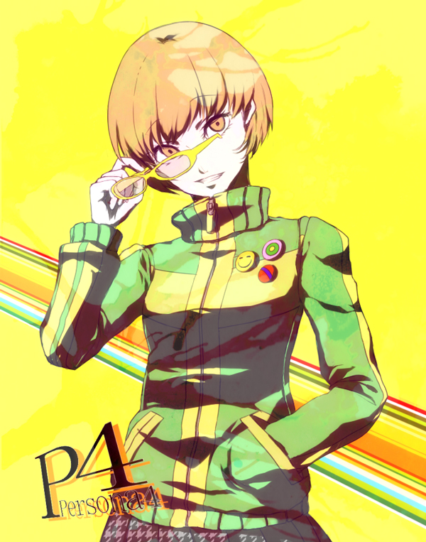 1girl brown_eyes brown_hair copyright_name eyebrows_visible_through_hair glasses green_sweater grin hand_in_pocket head_tilt hijikinori holding holding_glasses looking_at_viewer persona persona_4 satonaka_chie short_hair smile solo standing yellow-framed_eyewear yellow_background