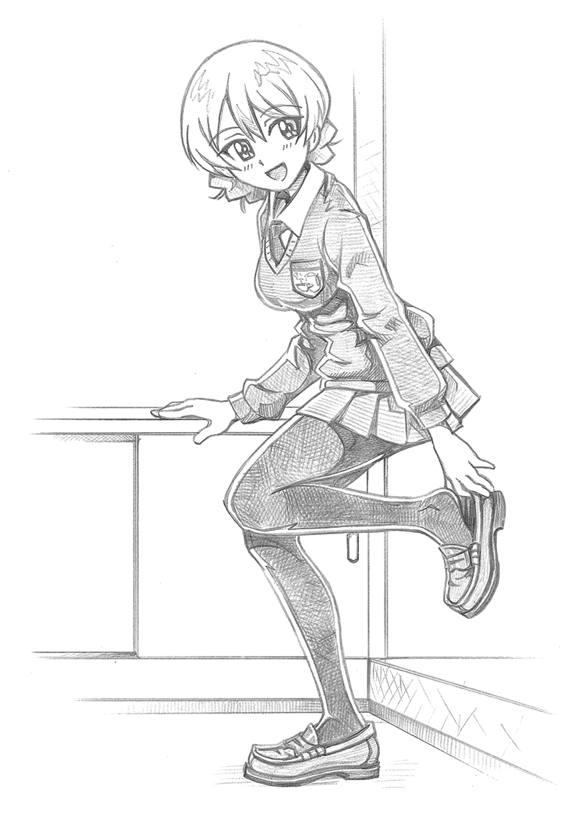 1girl bbb_(friskuser) breasts cabinet commentary_request darjeeling emblem girls_und_panzer greyscale hair_up hallway medium_breasts monochrome necktie open_mouth pantyhose pleated_skirt removing_shoes school_emblem shoes skirt smile solo st._gloriana's_(emblem) st._gloriana's_school_uniform standing sweater
