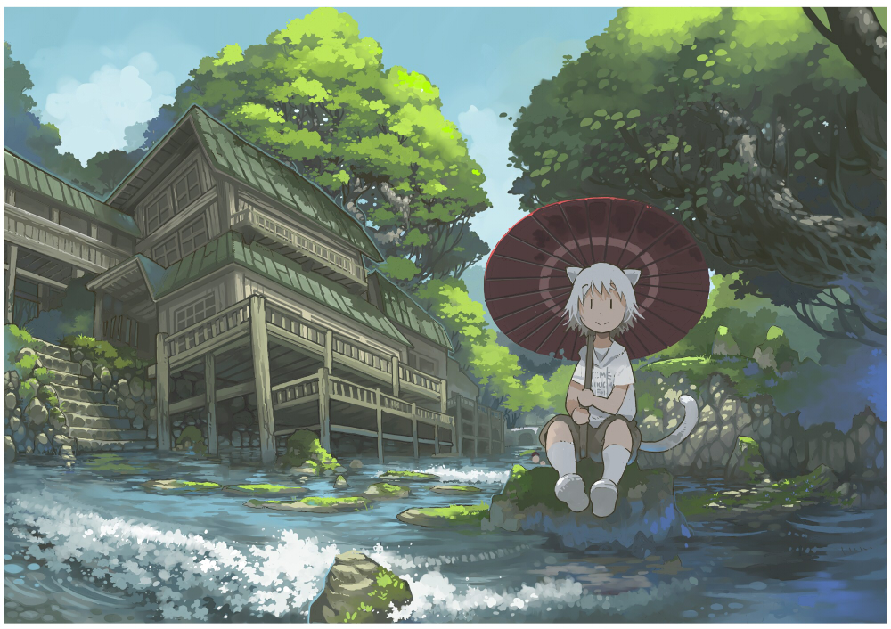 1girl animal_ears cat_ears cat_tail holding holding_umbrella imoman kneehighs original parasol river short_hair sitting solo tail tree umbrella white_hair white_legwear