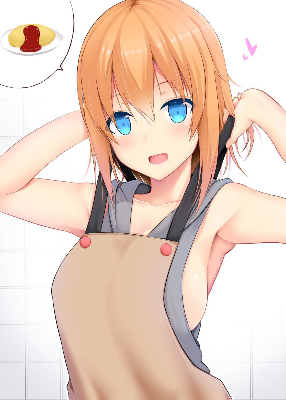 1girl :d apron blue_eyes blush breasts heart highres hood hoodie large_breasts open_mouth orange_hair original school_uniform sideboob sleeveless sleeveless_hoodie smile solo speech_bubble spoken_food takeyuu upper_body