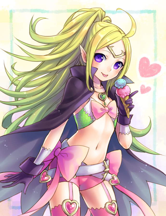 1girl :q black_gloves breasts cape cleavage collarbone cowboy_shot fire_emblem fire_emblem:_kakusei food garter_straps gloves green_hair heart high_ponytail ice_cream long_hair midriff navel nowi_(fire_emblem) pink_legwear pink_shorts pointy_ears poshii_(posy) short_shorts shorts sideboob solo standing stomach thigh-highs tongue tongue_out very_long_hair violet_eyes