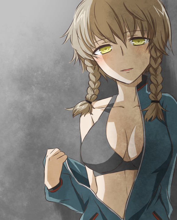 1girl amane_suzuha bra braid breasts brown_hair cleavage collarbone grey_bra hair_ornament head_tilt jacket looking_at_viewer medium_breasts open_clothes open_jacket parted_lips reimin short_hair_with_long_locks sidelocks solo steins;gate twin_braids underwear upper_body yellow_eyes