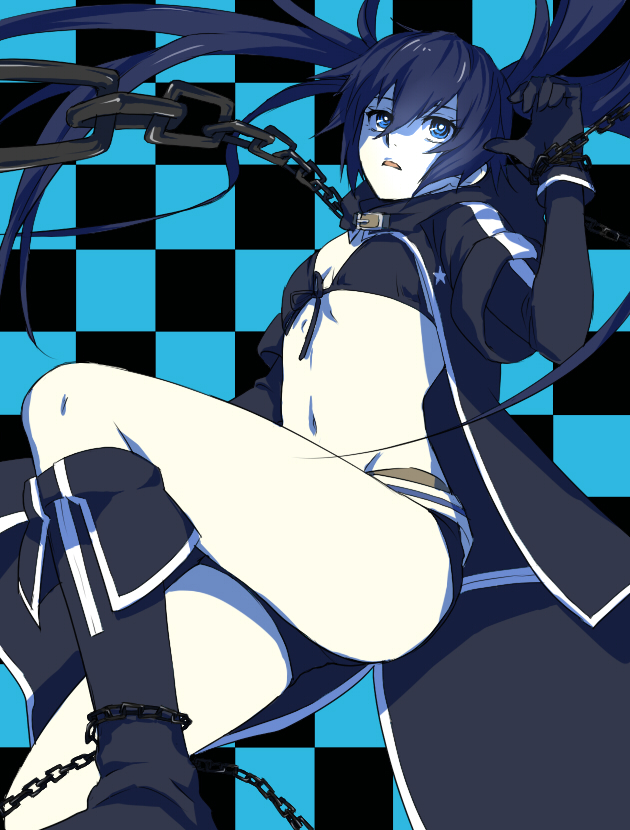 1girl bikini black_bikini black_boots black_gloves black_hair black_rock_shooter black_rock_shooter_(character) black_shorts blue_eyes boots breasts chains checkered checkered_background cleavage floating_hair front-tie_bikini front-tie_top gloves hair_between_eyes long_hair midriff navel open_mouth shiromi_(ringo) short_shorts shorts small_breasts solo stomach swimsuit twintails very_long_hair