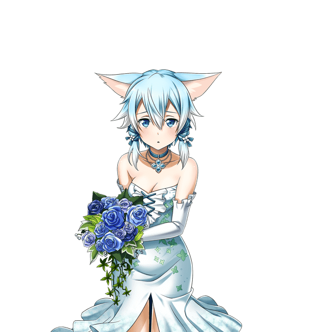 1girl animal_ears blue_eyes blue_flower blue_hair blue_ribbon bouquet breasts cat_ears cleavage collarbone dress elbow_gloves flower gloves hair_between_eyes hair_ribbon holding holding_bouquet jewelry long_hair looking_at_viewer medium_breasts necklace parted_lips ribbon shinon_(sao-alo) short_hair_with_long_locks sidelocks sleeveless sleeveless_dress solo standing strapless strapless_dress sword_art_online transparent_background white_dress white_gloves