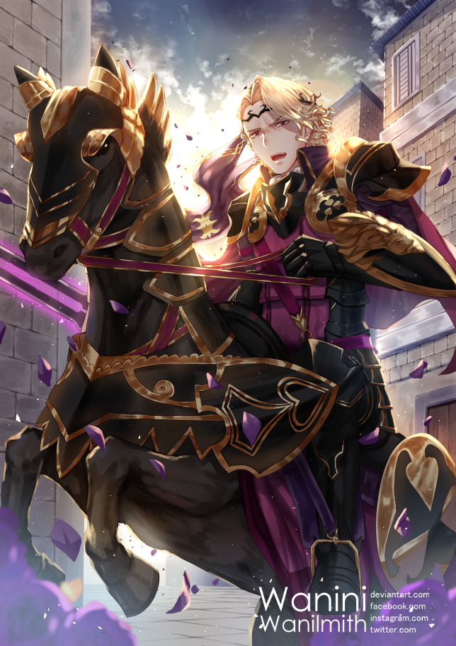 1boy armor armored_boots artist_name blonde_hair boots cape circlet clouds fire_emblem fire_emblem_if flag flower gloves horse male_focus marks_(fire_emblem_if) open_mouth petals red_eyes shield sky solo sword teeth wani_(fadgrith) watermark weapon web_address