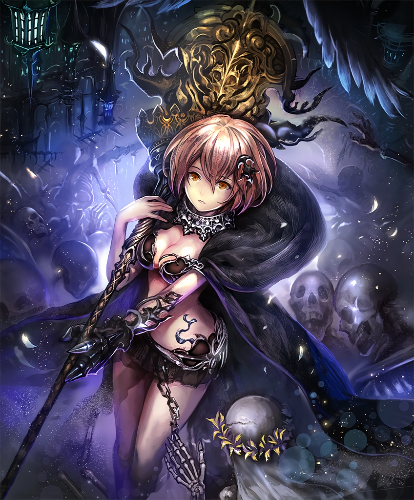 1girl artist_request asymmetrical_clothes brown_eyes brown_hair cape chains cygames fur_trim gloves hair_ornament head_wreath holding holding_staff lantern miniskirt minthe official_art parted_lips reaching_out revealing_clothes shadowverse shingeki_no_bahamut short_hair skeleton skirt staff