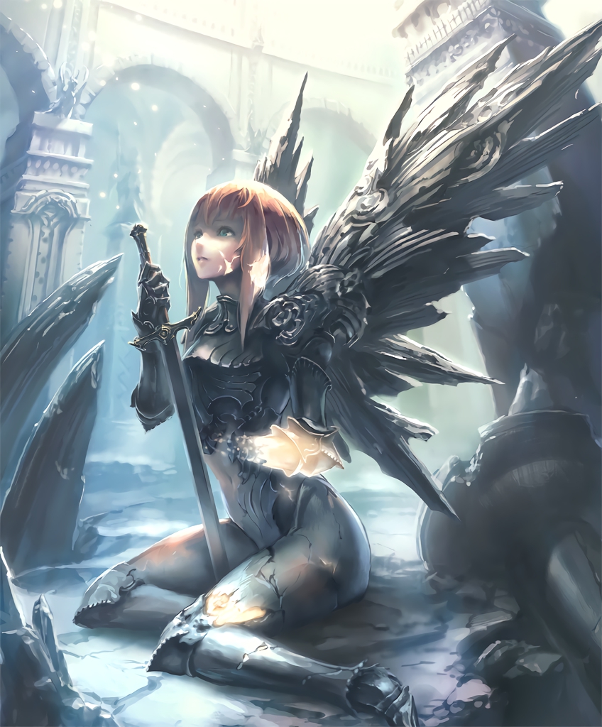 1girl amputee angel angel_wings armor artist_request bangs blonde_hair blue_eyes broken cracked_skin cygames enstatued_seraph glowing healing holding holding_sword holding_weapon looking_up official_art petrification ruins sad shadowverse shingeki_no_bahamut short_hair sword weapon wings