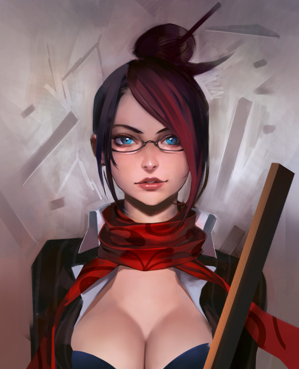 1girl bangs black_hair black_shirt blue_eyes breasts cleavage collared_shirt dress_shirt eyelashes eyeshadow fiora_laurent hair_bun hair_ornament hair_stick large_breasts league_of_legends light_smile lipstick long_sleeves looking_at_viewer makeup multicolored_hair open_clothes open_shirt parted_lips pink_lips pink_lipstick red_scarf redhead scarf shirt short_hair since solo streaked_hair swept_bangs two-tone_hair upper_body