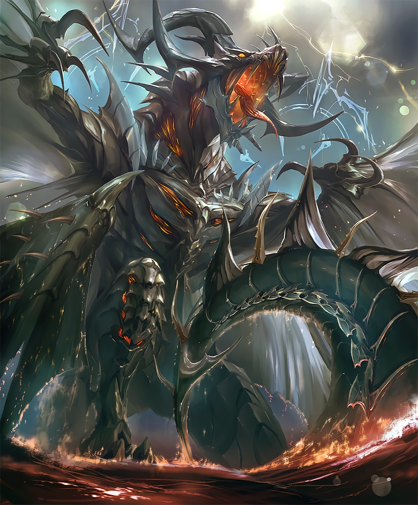 artist_request claws clouds cloudy_sky cygames dragon dragon_horns dragon_tail dragon_wings fire glowing_mouth horns knee_up lightning multiple_wings no_humans ocean official_art open_mouth orange_eyes rahab scales shadowverse shingeki_no_bahamut sky spines tail teeth tongue tongue_out water wings