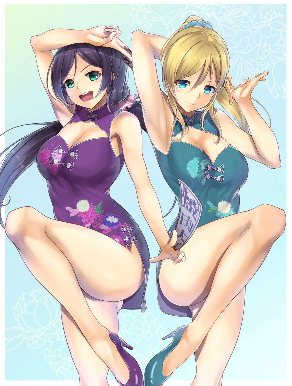 2girls arm_behind_head arm_up armpits ayase_eli bare_legs blonde_hair blue_eyes breasts china_dress chinese_clothes cleavage closed_mouth commentary_request dress eyebrows_visible_through_hair floral_print green_eyes high_heels highres large_breasts leg_up long_hair long_legs love_live! love_live!_school_idol_project multiple_girls ofuda open_mouth ponytail pose purple_hair revision standing standing_on_one_leg toujou_nozomi twintails yamaori