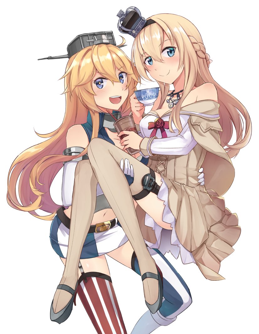 2girls ahoge bare_shoulders blonde_hair blue_eyes blush braid breasts brown_dress brown_legwear carrying cleavage closed_mouth crown cup dress drinking_straw elbow_gloves eyebrows_visible_through_hair french_braid garter_straps gloves hair_between_eyes hair_ornament headband ido_(teketeke) iowa_(kantai_collection) jewelry kantai_collection large_breasts long_hair long_sleeves looking_at_viewer medium_breasts midriff mismatched_legwear multiple_girls navel necklace open_mouth princess_carry skirt smile striped striped_legwear teacup thigh-highs warspite_(kantai_collection) white_gloves