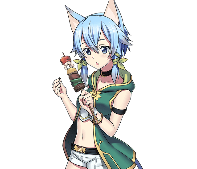 1girl animal_ears armlet blue_eyes blue_hair cat_ears cat_tail collar collarbone cowboy_shot crop_top food green_ribbon hair_between_eyes hair_ribbon holding holding_food midriff navel open_mouth ribbon shinon_(sao-alo) short_hair_with_long_locks short_shorts shorts sidelocks solo standing stomach sword_art_online tail transparent_background white_shorts