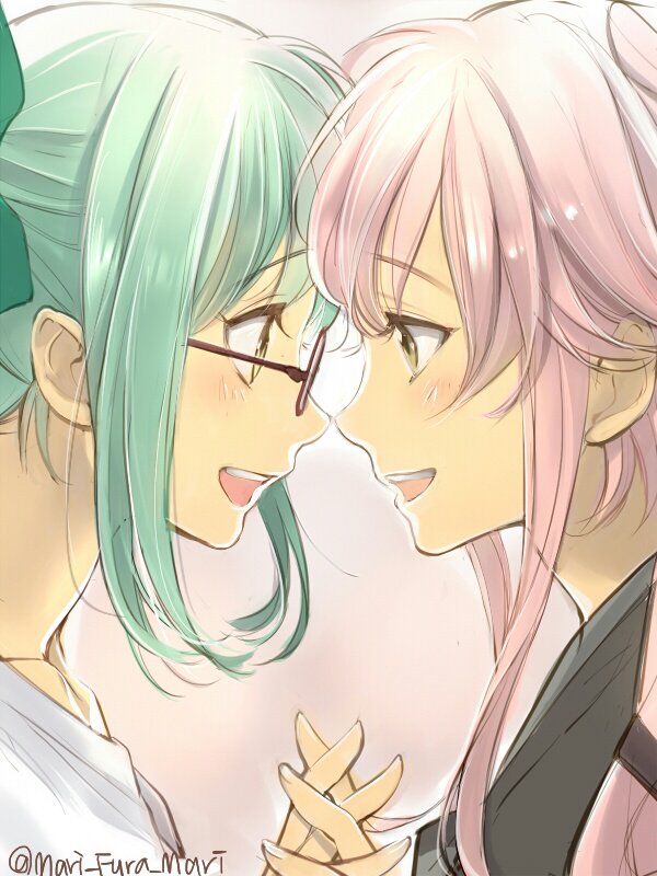2girls :d blush bow collarbone commentary_request couple eye_contact eyebrows_visible_through_hair face-to-face female glasses green_bow green_eyes green_hair hair_between_eyes hair_bow hair_flaps hand_holding happy highres interlocked_fingers kantai_collection long_hair looking_at_another multiple_girls mutual_yuri neck open_mouth pink_hair primary_stage red-framed_eyewear red-framed_glasses round_teeth shirt sidelocks simple_background smile teeth twitter_username upper_body white_shirt yellow_eyes yura_(kantai_collection) yuri yuubari_(kantai_collection)