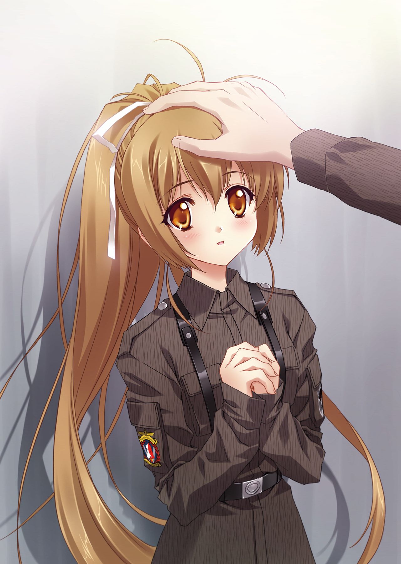 1girl antenna_hair belt blush brown_hair brown_shirt carnelian eyebrows_visible_through_hair game_cg grey_background hair_between_eyes hair_ribbon hands_clasped highres katia_waldheim long_hair official_art open_mouth petting ribbon schwarzesmarken shirt suspenders very_long_hair white_ribbon yellow_eyes