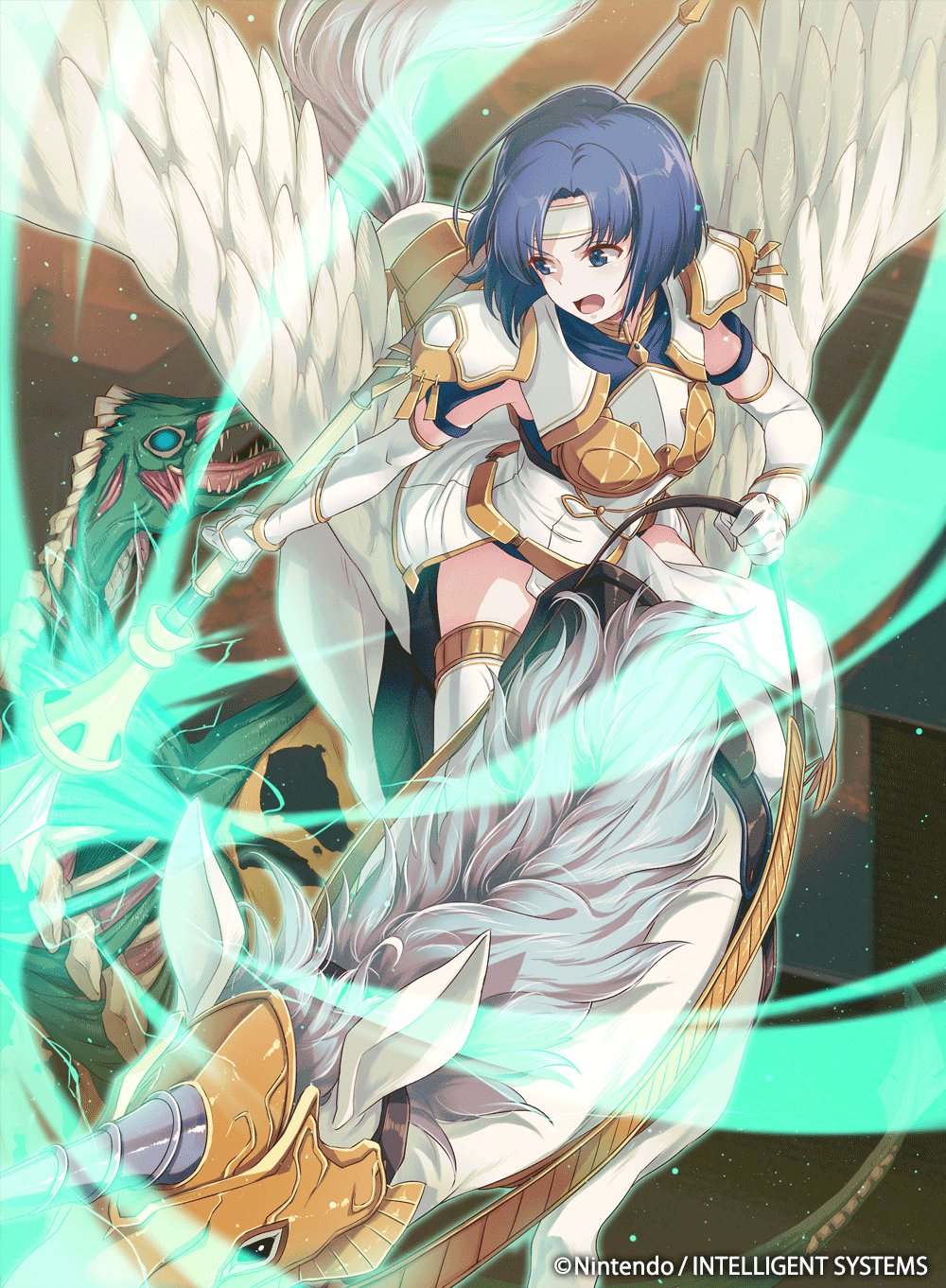 1girl 40hara armor bangs blue_eyes blue_hair breastplate company_connection copyright_name dress elbow_gloves eyebrows_visible_through_hair fire_emblem fire_emblem_cipher fire_emblem_echoes:_mou_hitori_no_eiyuuou gloves glowing glowing_weapon headband highres holding holding_weapon horn horseback_riding katua looking_back monster official_art open_mouth pauldrons pegasus pegasus_knight polearm riding short_hair sleeveless thigh-highs weapon wings
