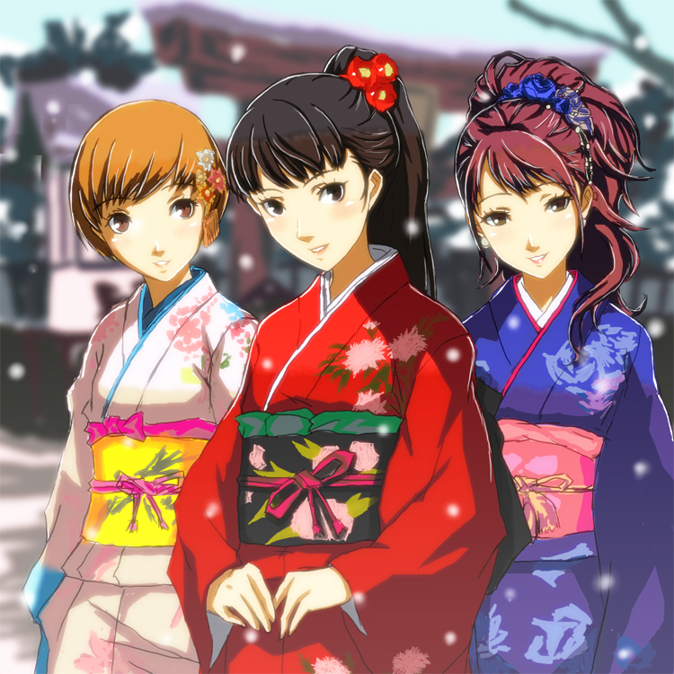 3girls amagi_yukiko black_hair blue_flower brown_eyes brown_hair day flower hair_flower hair_ornament head_tilt high_ponytail japanese_clothes kimono kouchin kujikawa_rise long_hair looking_at_viewer multiple_girls obi outdoors parted_lips persona persona_4 red_flower sash satonaka_chie short_hair standing yukata