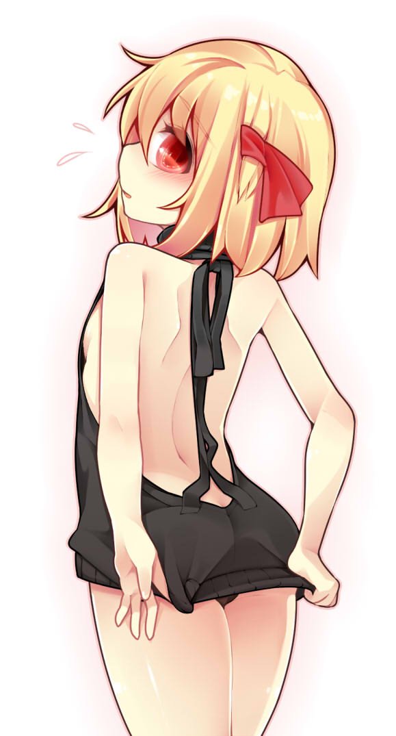 1girl ass backless_outfit bare_arms bare_legs bare_shoulders black_panties black_sweater blonde_hair breasts butt_crack dress flying_sweatdrops from_behind hair_ribbon looking_at_viewer looking_back meme_attire panties pantyshot pantyshot_(standing) profile red_eyes ribbon rumia shamo_(koumakantv) sideboob simple_background small_breasts solo standing sweater sweater_dress touhou turtleneck turtleneck_sweater underwear virgin_killer_sweater white_background