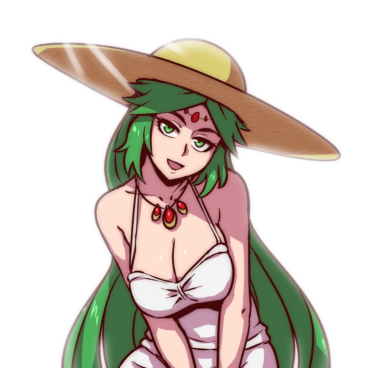 1girl akairiot breasts dress green_eyes green_hair hat highres kid_icarus kid_icarus_uprising large_breasts long_hair looking_at_viewer open_mouth palutena smile solo sundress very_long_hair