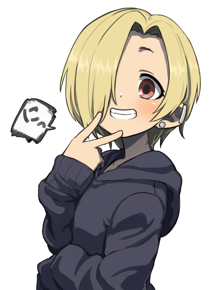 1girl blonde_hair ear_piercing earrings gazacy_(dai) grin hair_over_one_eye hands_in_sleeves highres hood hood_down hoodie idolmaster idolmaster_cinderella_girls jewelry long_sleeves looking_at_viewer open_mouth piercing red_eyes shirasaka_koume short_hair sleeves_past_wrists smile solo sweater upper_body v white_background