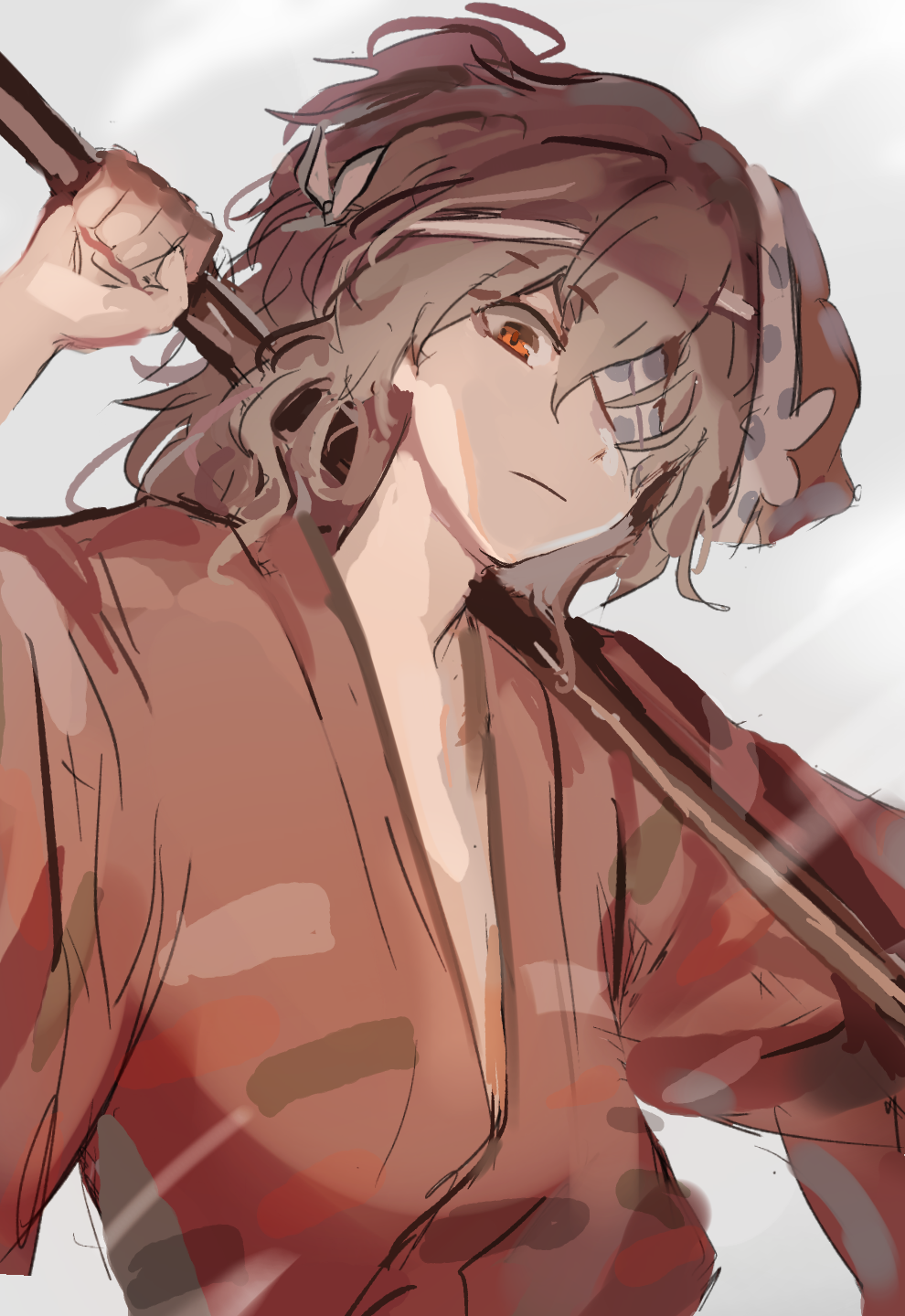 1other ametsukana_yago androgynous bandage_over_one_eye brown_hair closed_mouth commentary_request hemo_(hemoroda) highres holding japanese_clothes kimono len'en long_hair long_sleeves mask mask_on_head orange_eyes red_kimono simple_background sketch solo upper_body white_background