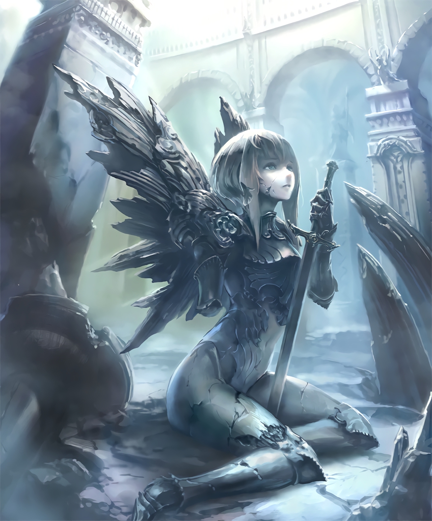 1girl amputee angel angel_wings armor artist_request bangs broken cracked_skin cygames enstatued_seraph holding holding_sword holding_weapon looking_up official_art petrification ruins sad shadowverse shingeki_no_bahamut short_hair sword weapon wings