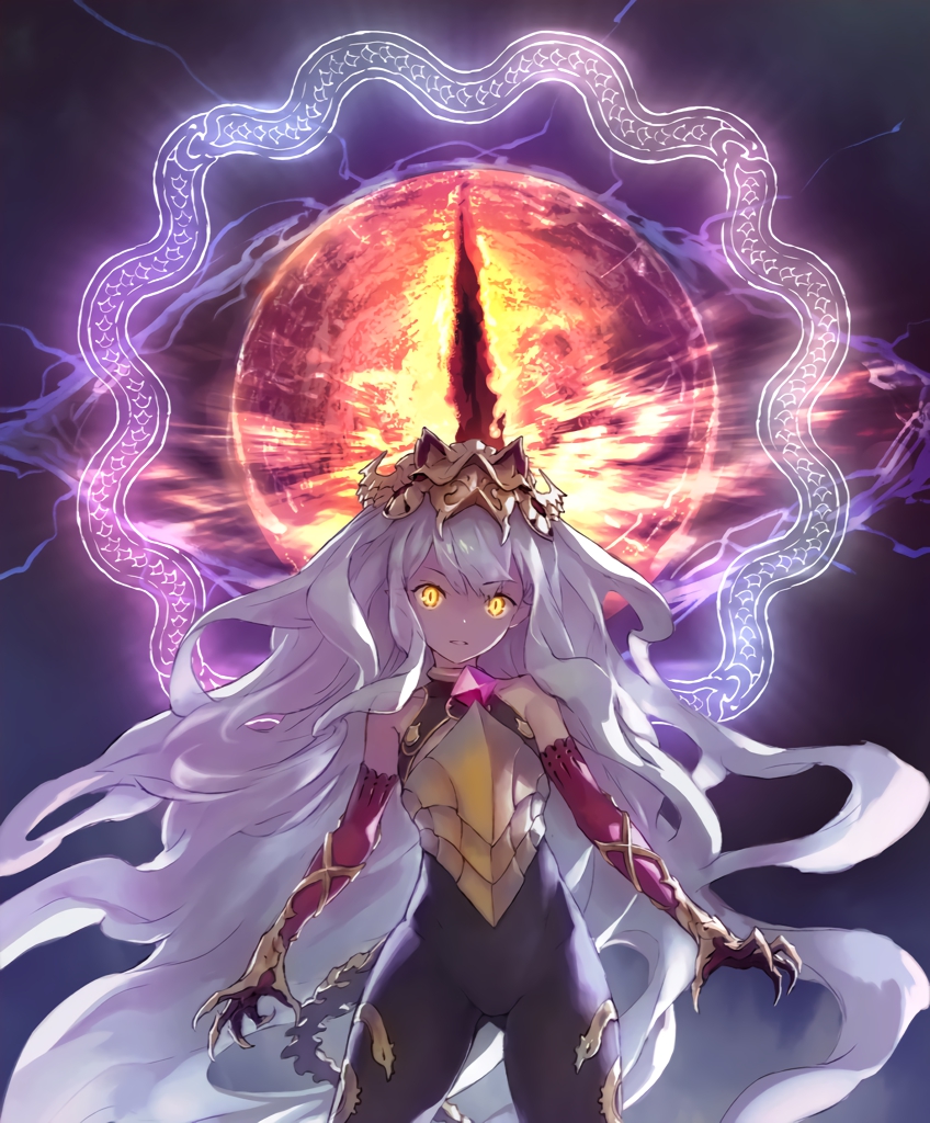 1girl artist_request bare_shoulders breastplate claws cygames elbow_gloves eyebrows_visible_through_hair gem gloves hair_ornament long_hair looking_at_viewer medusa_(shingeki_no_bahamut) official_art ouroboros parted_lips shadowverse shingeki_no_bahamut slit_pupils very_long_hair white_hair yellow_eyes