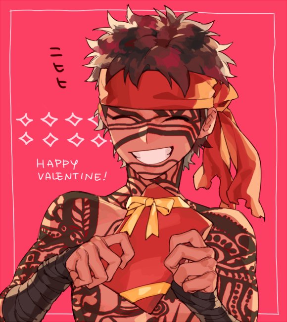 1boy avenger chocolate closed_eyes fate/hollow_ataraxia fate_(series) full_body_tattoo grin happy_valentine headband kurome1127 male_focus pink_background short_hair simple_background smile tattoo upper_body valentine