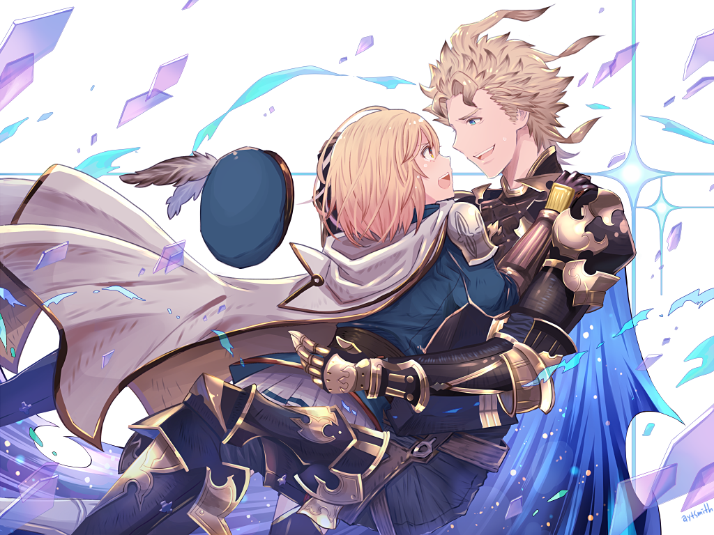 1boy 1girl armor artist_name ayuto blonde_hair commentary crying djeeta_(granblue_fantasy) eye_contact granblue_fantasy hawkeye_(granblue_fantasy) looking_at_another siete tagme tears