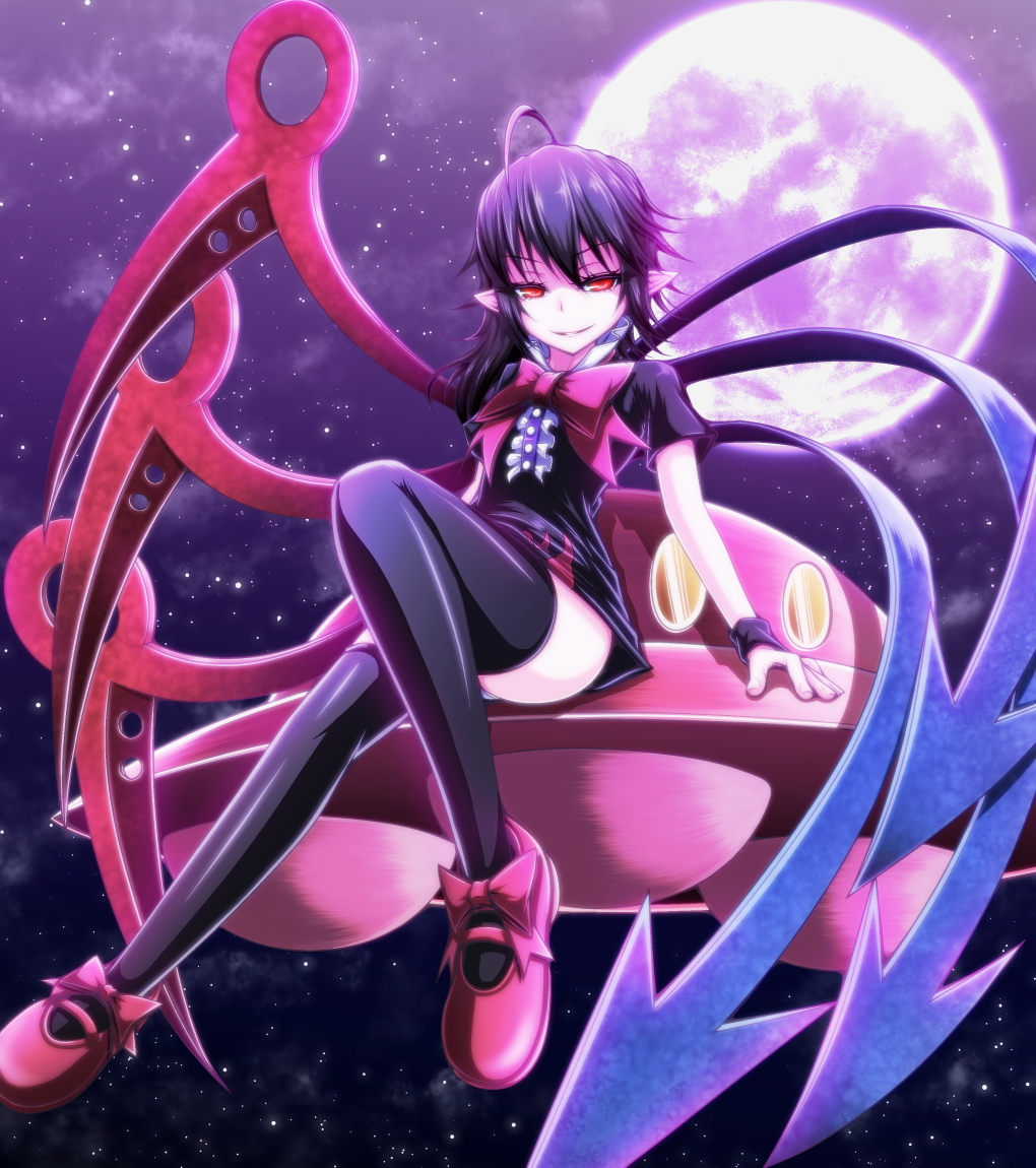 1girl ahoge asymmetrical_wings black_dress black_hair black_legwear dress full_moon houjuu_nue looking_at_viewer moon night night_sky pointy_ears red_eyes short_hair sitting sky smile solo star_(sky) teacle thigh-highs touhou ufo wings zettai_ryouiki