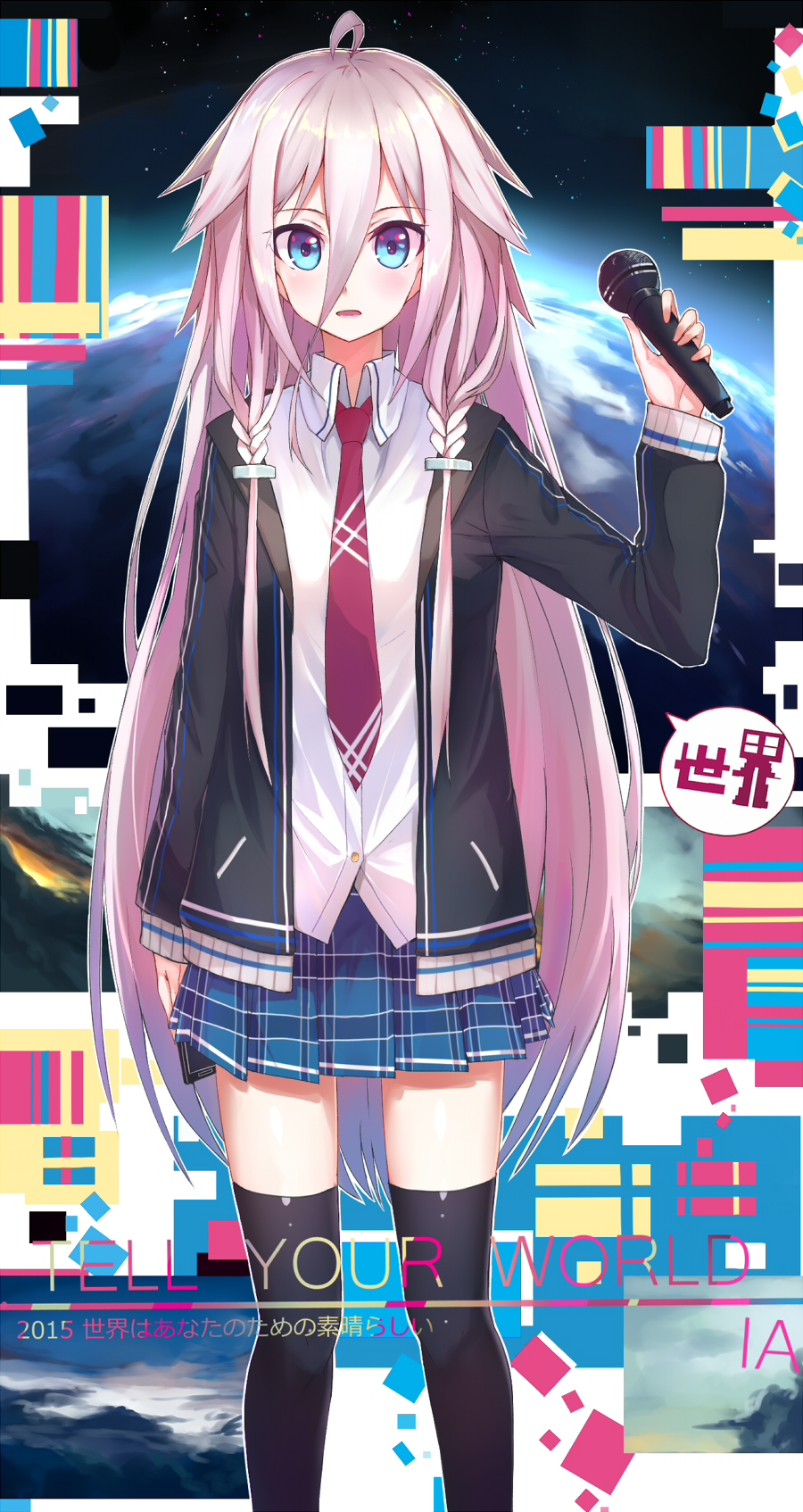 1girl black_legwear blue_eyes blue_skirt blush echj eyebrows_visible_through_hair highres holding holding_microphone ia_(vocaloid) long_hair looking_at_viewer microphone necktie parted_lips pink_hair red_necktie skirt solo thigh-highs vocaloid