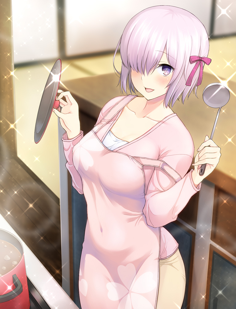 1girl :d apron bangs blurry blush bow breasts collarbone cosplay covered_navel covered_nipples cowboy_shot cute depth_of_field emiya-san_chi_no_kyou_no_gohan fate/grand_order fate/stay_night fate_(series) food hair_bow hair_over_one_eye heaven's_feel ladle lavender_hair long_sleeves looking_at_viewer masaoka_misaki mash_kyrielight matou_sakura matou_sakura_(cosplay) open_mouth pink_apron pink_shirt pot purple_bow shielder_(fate/grand_order) shirt short_hair smile solo soup soup_ladle sparkle strap_slip table violet_eyes