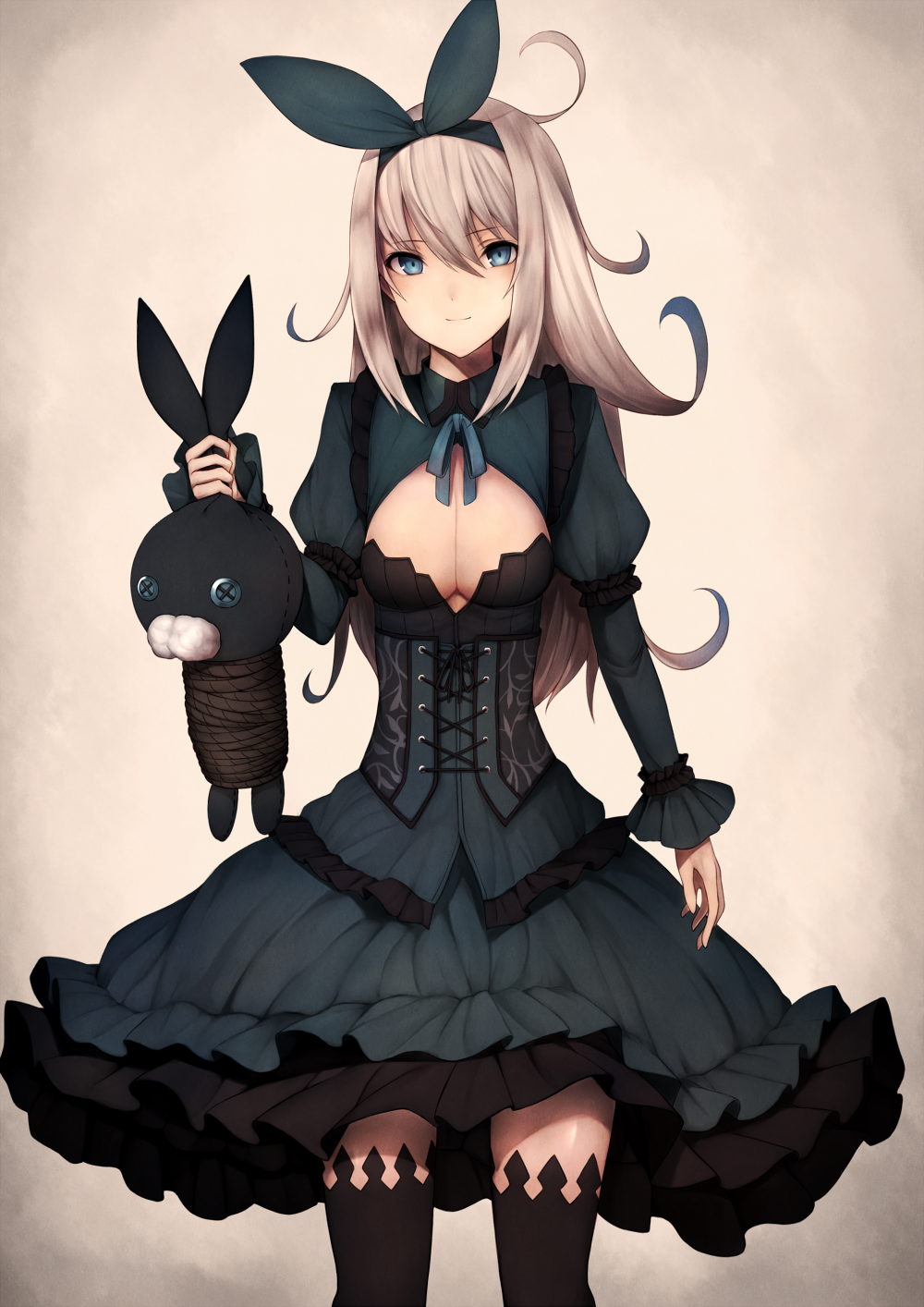 1girl bangs black_dress black_legwear blonde_hair blue_eyes bow breasts cleavage closed_mouth corset cowboy_shot dress eyebrows_visible_through_hair frills gothic_lolita hair_between_eyes hair_bow hairband highres holding inaba_sunimi juliet_sleeves lolita_fashion long_hair long_sleeves looking_at_viewer medium_breasts original puffy_sleeves rope skinny smile solo stuffed_animal stuffed_bunny stuffed_toy thigh-highs