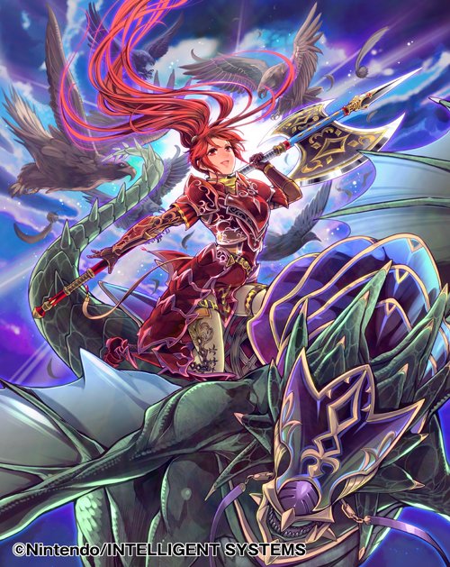 1girl arm_guards armor armored_boots axe battle_axe bird boots breastplate commentary_request company_connection copyright_name feathers fire_emblem fire_emblem:_souen_no_kiseki fire_emblem_cipher gauntlets holding holding_weapon jill_(fire_emblem) long_hair long_sleeves night night_sky official_art open_mouth outdoors pauldrons polearm ponytail red_eyes sky smile solo toyo_sao weapon