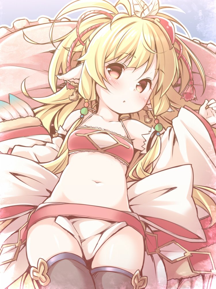 1girl animal_ears bandeau black_legwear blonde_hair blush breasts detached_sleeves earrings granblue_fantasy jewelry kibushi long_hair looking_at_viewer lying makira_(granblue_fantasy) navel on_back pelvic_curtain red_eyes small_breasts solo stomach thigh-highs wide_sleeves