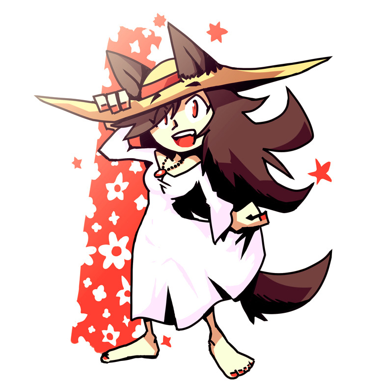 1girl animal_ears barefoot brown_hair commentary dress hat imaizumi_kagerou jewelry nail_polish pendant red_eyes setz simple_background solo straw_hat tail touhou wolf_ears wolf_tail